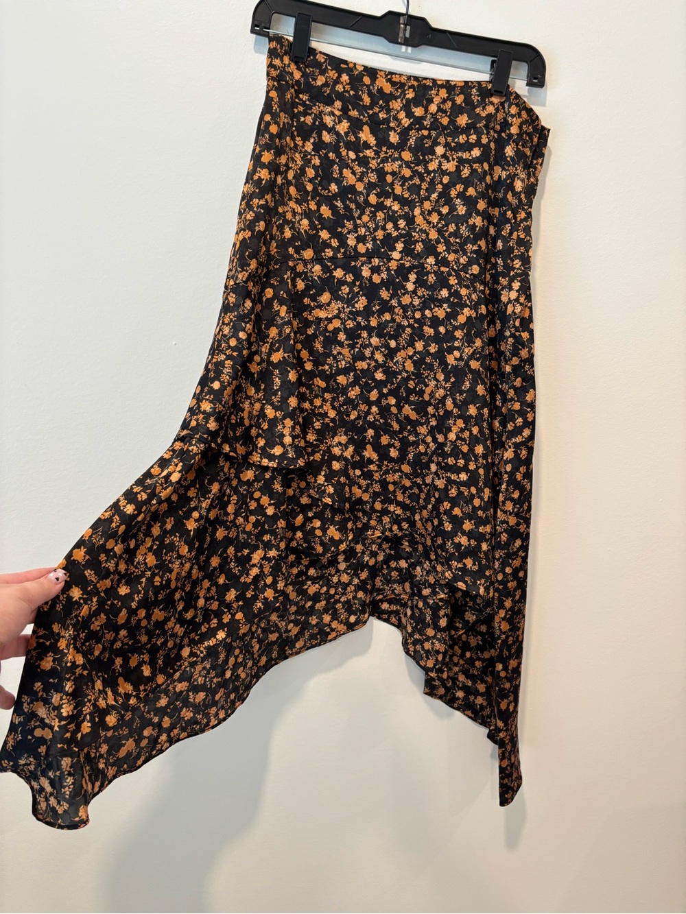 Black Floral Asymmetric Midi Skirt with Orange Print